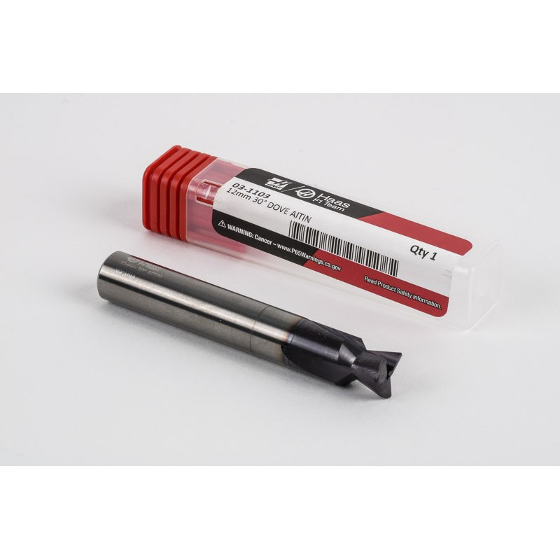 12mm Dia. Carbide Dovetail Cutter, 3 Flute, AlTiN Coated, 12mm Shank x 7.92mm LOC x 30° Included Angle, 0.25mm Radius
