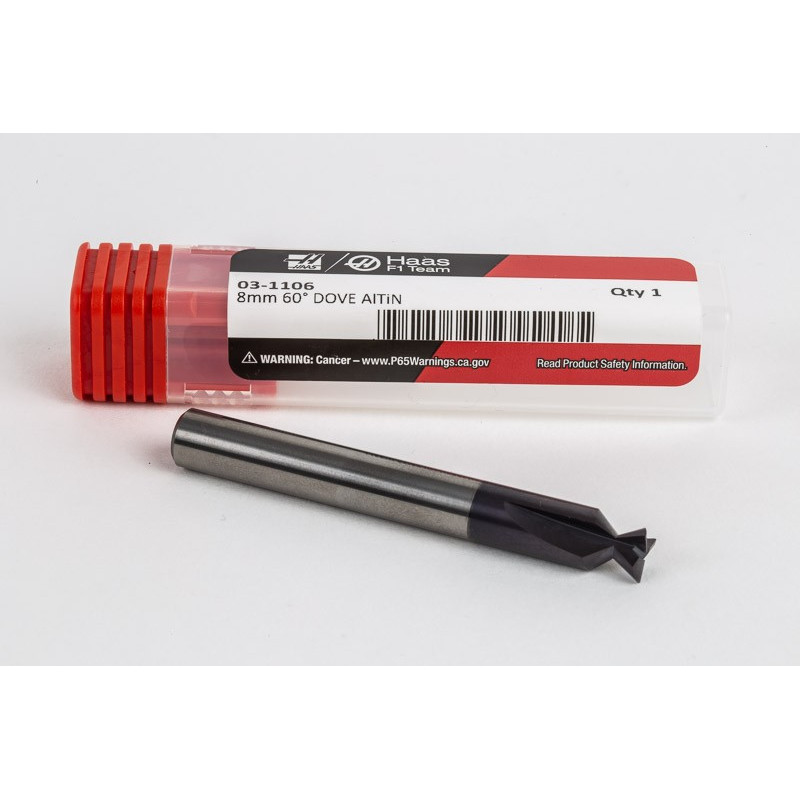 8mm Dia. Carbide Dovetail Cutter, 3 Flute, AlTiN Coated, 8mm Shank x 3.96mm LOC x 60° Included Angle, 0.25mm Radius