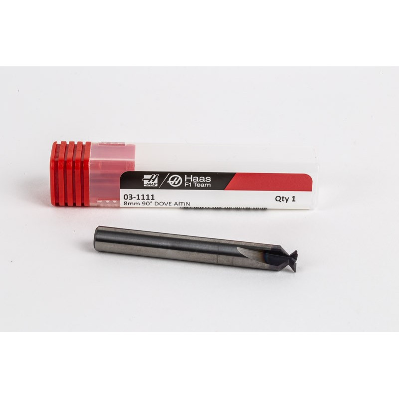 8mm Dia. Carbide Dovetail Cutter, 3 Flute, AlTiN Coated, 8mm Shank x 2.36mm LOC x 90° Included Angle, 0.25mm Radius