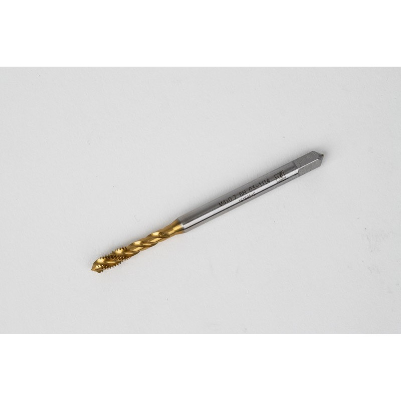 M4x0.7 M HSS-E Spiral Flute Tap, 4.5mm Shank x 7mm Thread Length, 2.5XD, Mod. Bottoming, 3 Flute, 6H, TiN Coated