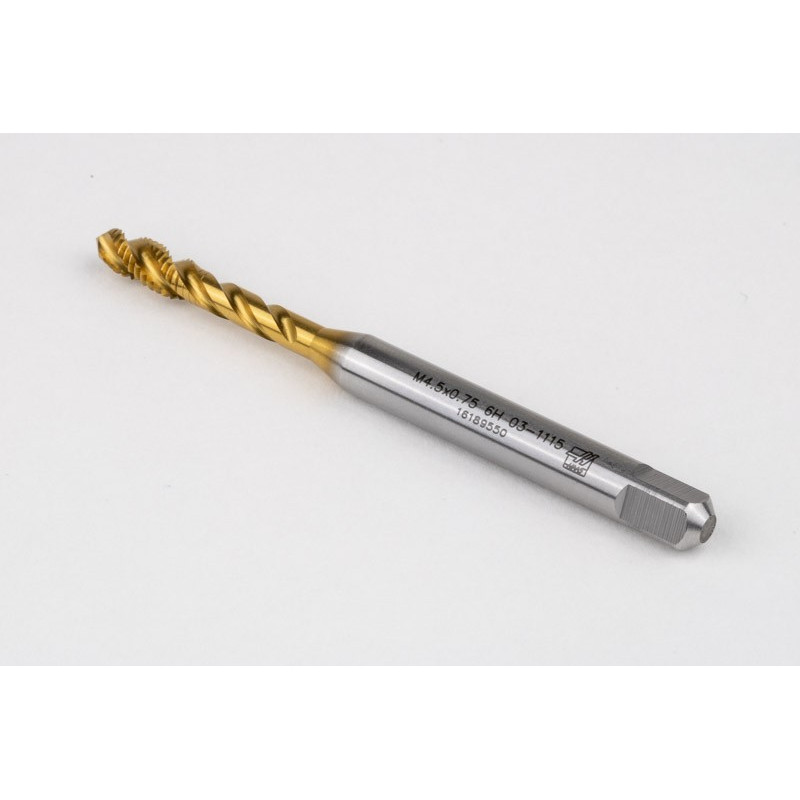 M4.5x0.75 M HSS-E Spiral Flute Tap, 6mm Shank x 8mm Thread Length, 2.5XD, Mod. Bottoming, 3 Flute, 6H, TiN Coated