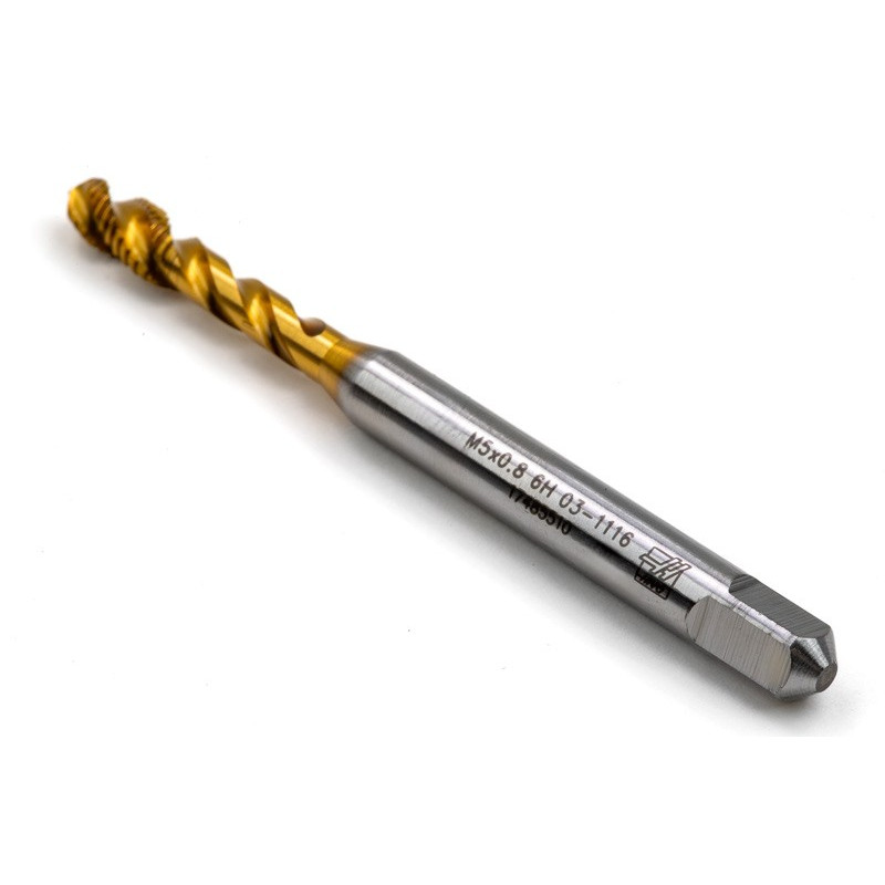 M5x0.8 M HSS-E Spiral Flute Tap, 6mm Shank x 8mm Thread Length, 2.5XD, Mod. Bottoming, 3 Flute, 6H, TiN Coated