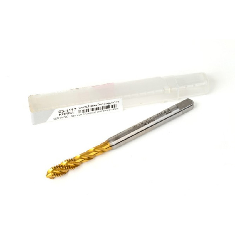 M6x1.0 M HSS-E Spiral Flute Tap, 6mm Shank x 10mm Thread Length, 2.5XD, Mod. Bottoming, 3 Flute, 6H, TiN Coated