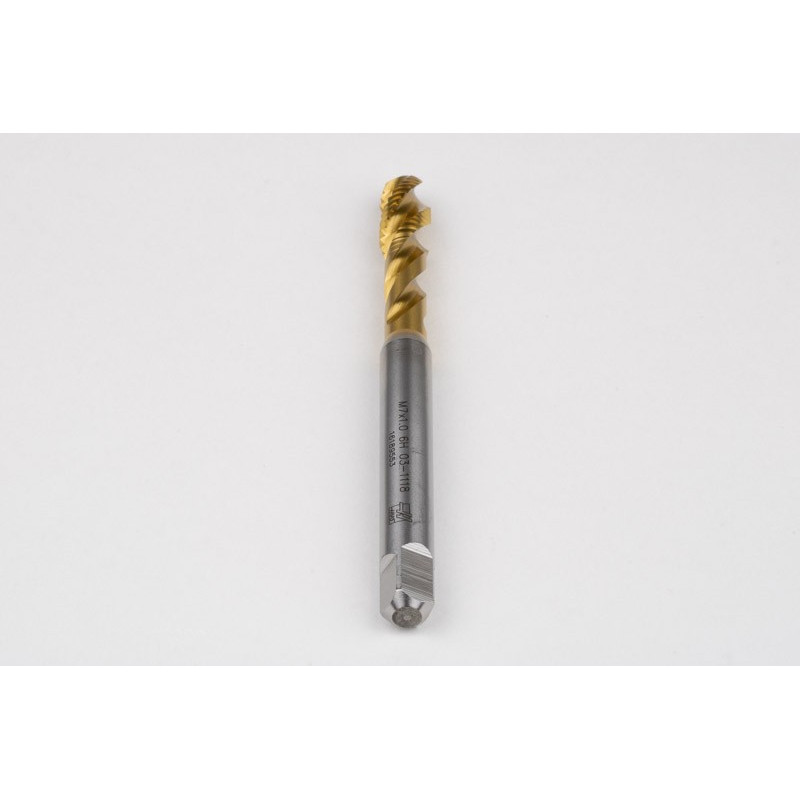 M7x1.0 M HSS-E Spiral Flute Tap, 7mm Shank x 10mm Thread Length, 2.5XD, Mod. Bottoming, 3 Flute, 6H, TiN Coated