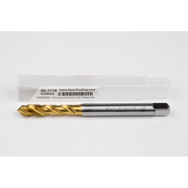 M7x1.0 M HSS-E Spiral Flute Tap, 7mm Shank x 10mm Thread Length, 2.5XD, Mod. Bottoming, 3 Flute, 6H, TiN Coated