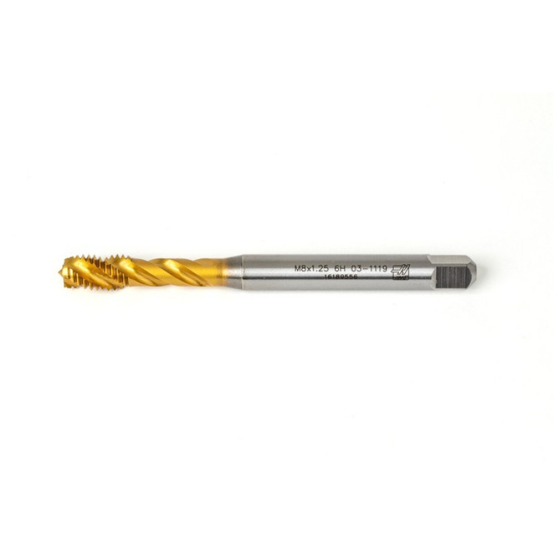 M8x1.25 M HSS-E Spiral Flute Tap, 8mm Shank x 13mm Thread Length, 2.5XD, Mod. Bottoming, 3 Flute, 6H, TiN Coated