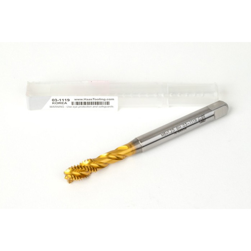 M8x1.25 M HSS-E Spiral Flute Tap, 8mm Shank x 13mm Thread Length, 2.5XD, Mod. Bottoming, 3 Flute, 6H, TiN Coated