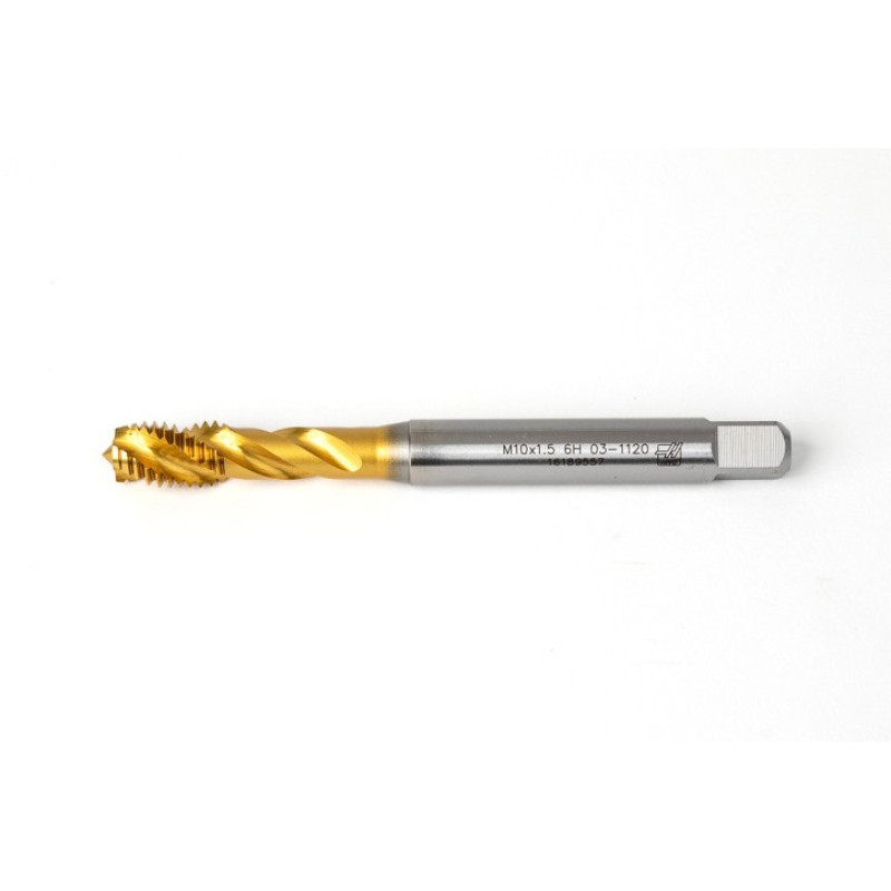 M10x1.5 M HSS-E Spiral Flute Tap, 10mm Shank x 15mm Thread Length, 2.5XD, Mod. Bottoming, 3 Flute, 6H, TiN Coated