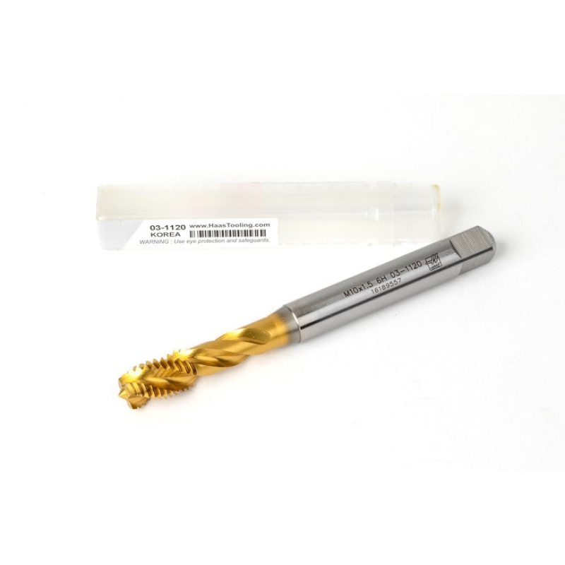 M10x1.5 M HSS-E Spiral Flute Tap, 10mm Shank x 15mm Thread Length, 2.5XD, Mod. Bottoming, 3 Flute, 6H, TiN Coated