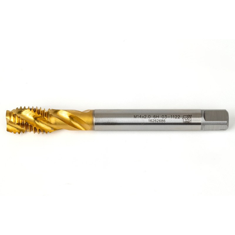 M14x2.0 M HSS-E Spiral Flute Tap, 11mm Shank x 20mm Thread Length, 2.5XD, Mod. Bottoming, 3 Flute, 6H, TiN Coated