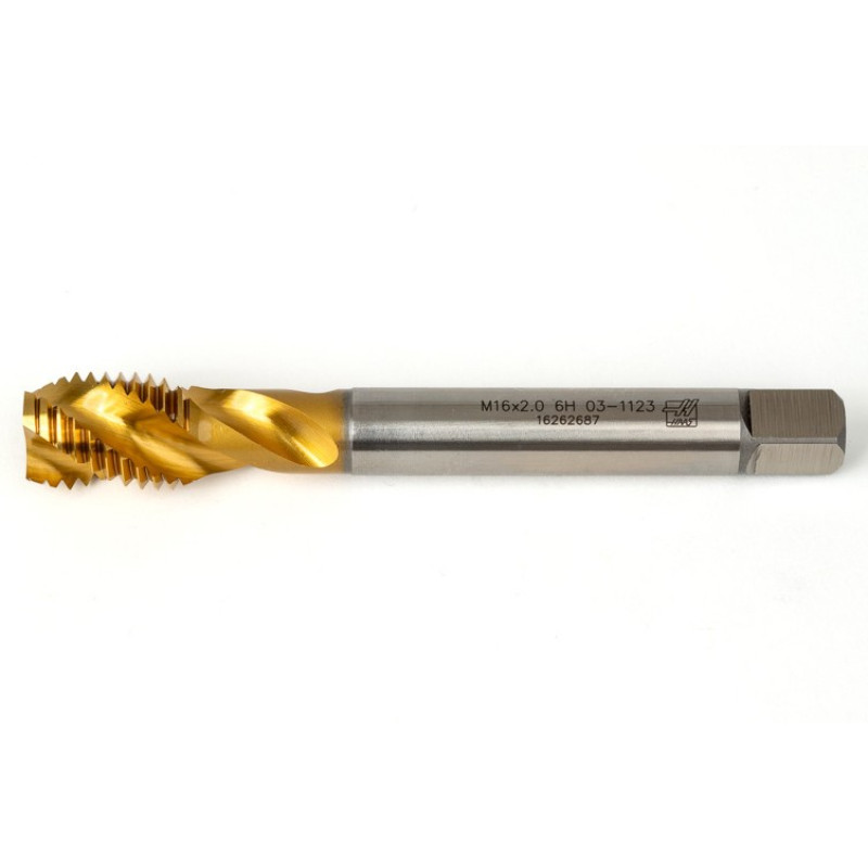 M16x2.0 M HSS-E Spiral Flute Tap, 12mm Shank x 20mm Thread Length, 2.5XD, Mod. Bottoming, 3 Flute, 6H, TiN Coated