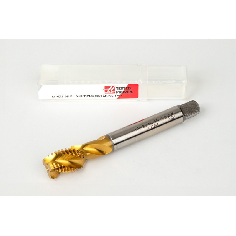 M16x2.0 M HSS-E Spiral Flute Tap, 12mm Shank x 20mm Thread Length, 2.5XD, Mod. Bottoming, 3 Flute, 6H, TiN Coated
