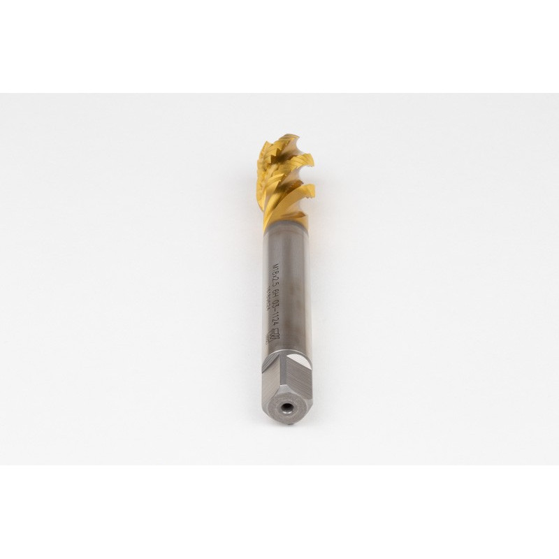 M18x2.5 M HSS-E Spiral Flute Tap, 14mm Shank x 25mm Thread Length, 2.5XD, Mod. Bottoming, 4 Flute, 6H, TiN Coated
