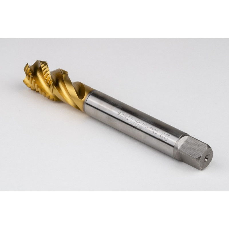M20x2.5 M HSS-E Spiral Flute Tap, 16mm Shank x 25mm Thread Length, 2.5XD, Mod. Bottoming, 4 Flute, 6H, TiN Coated