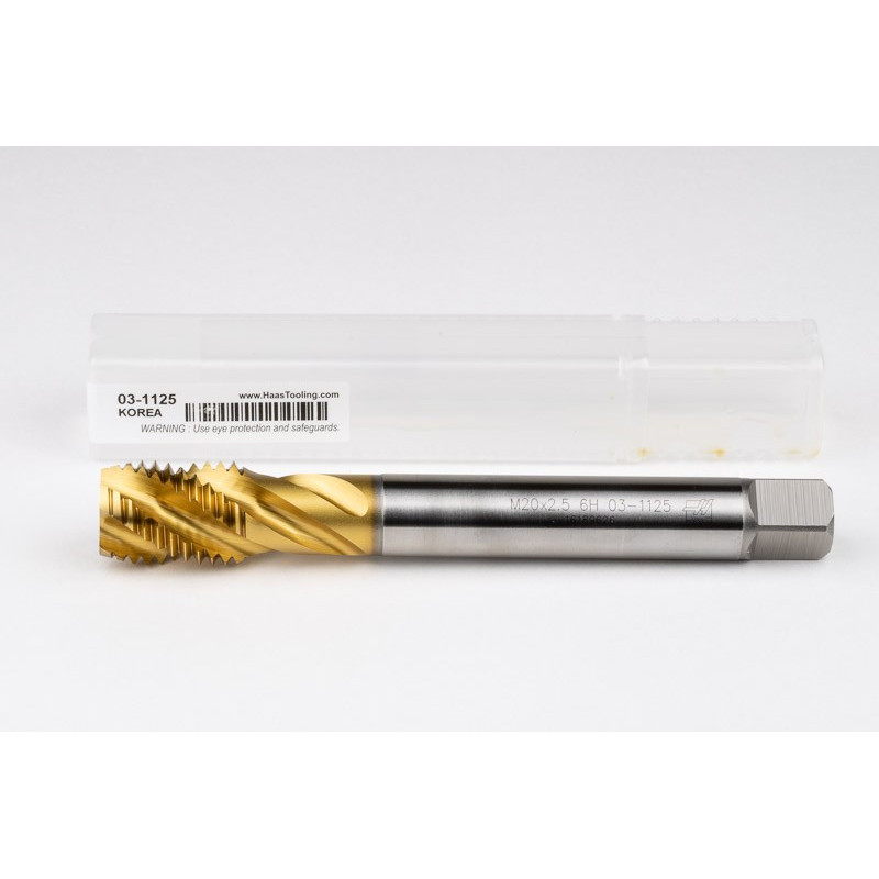 M20x2.5 M HSS-E Spiral Flute Tap, 16mm Shank x 25mm Thread Length, 2.5XD, Mod. Bottoming, 4 Flute, 6H, TiN Coated