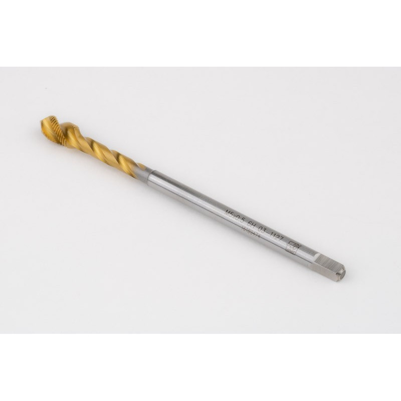 M5x0.5 MF HSS-E Spiral Flute Tap, 3.5mm Shank x 5mm Thread Length, 2.5XD, Mod. Bottoming, 3 Flute, 6H, TiN Coated