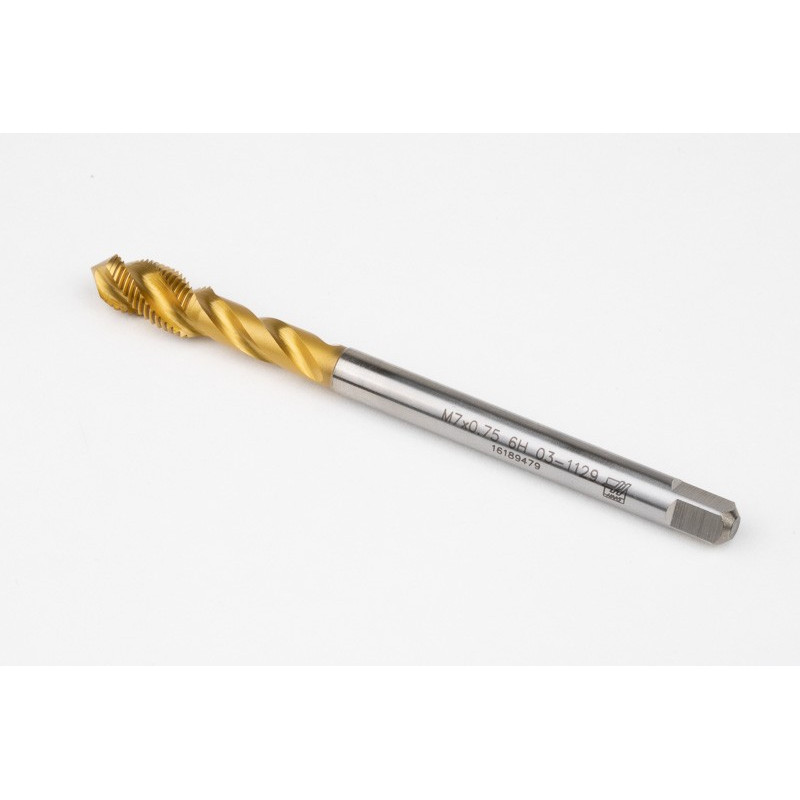 M7x0.75 MF HSS-E Spiral Flute Tap, 5.5mm Shank x 10mm Thread Length, 2.5XD, Mod. Bottoming, 3 Flute, 6H, TiN Coated