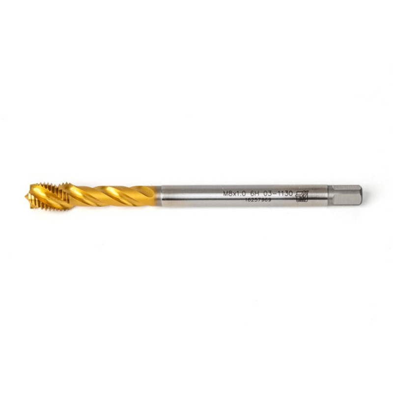 M8x1.0 MF HSS-E Spiral Flute Tap, 6mm Shank x 10mm Thread Length, 2.5XD, Mod. Bottoming, 3 Flute, 6H, TiN Coated