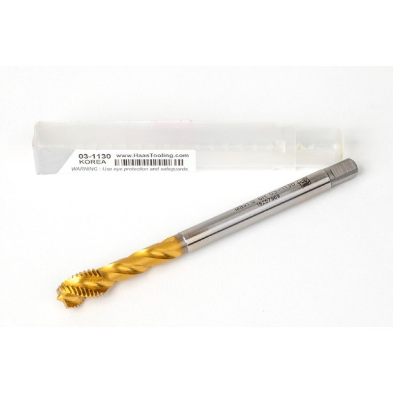 M8x1.0 MF HSS-E Spiral Flute Tap, 6mm Shank x 10mm Thread Length, 2.5XD, Mod. Bottoming, 3 Flute, 6H, TiN Coated