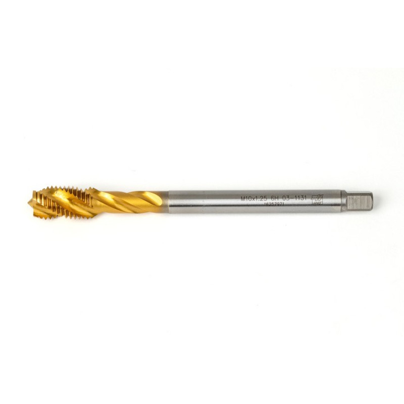 M10x1.25 MF HSS-E Spiral Flute Tap, 7mm Shank x 16mm Thread Length, 2.5XD, Mod. Bottoming, 3 Flute, 6H, TiN Coated