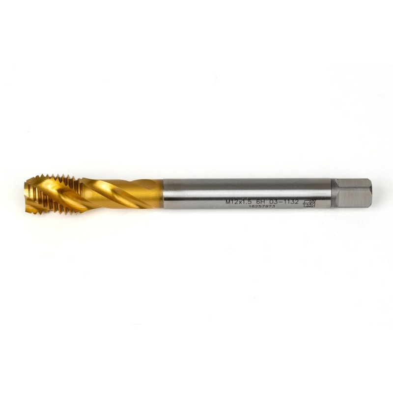 M12x1.5 MF HSS-E Spiral Flute Tap, 9mm Shank x 15mm Thread Length, 2.5XD, Mod. Bottoming, 3 Flute, 6H, TiN Coated