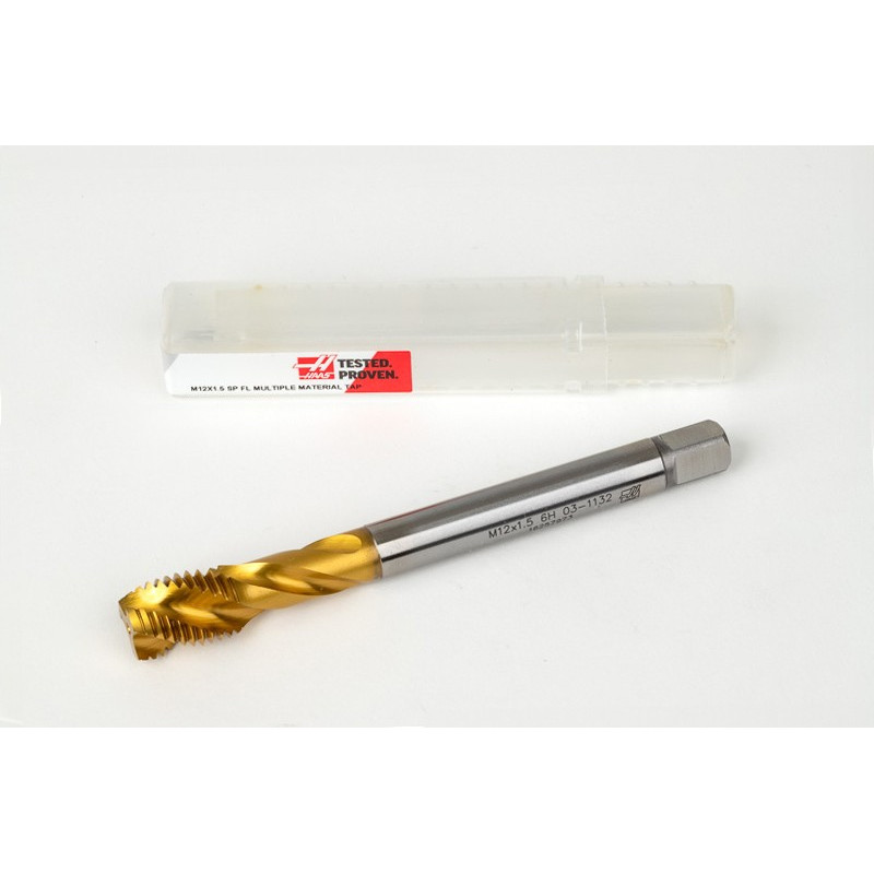 M12x1.5 MF HSS-E Spiral Flute Tap, 9mm Shank x 15mm Thread Length, 2.5XD, Mod. Bottoming, 3 Flute, 6H, TiN Coated