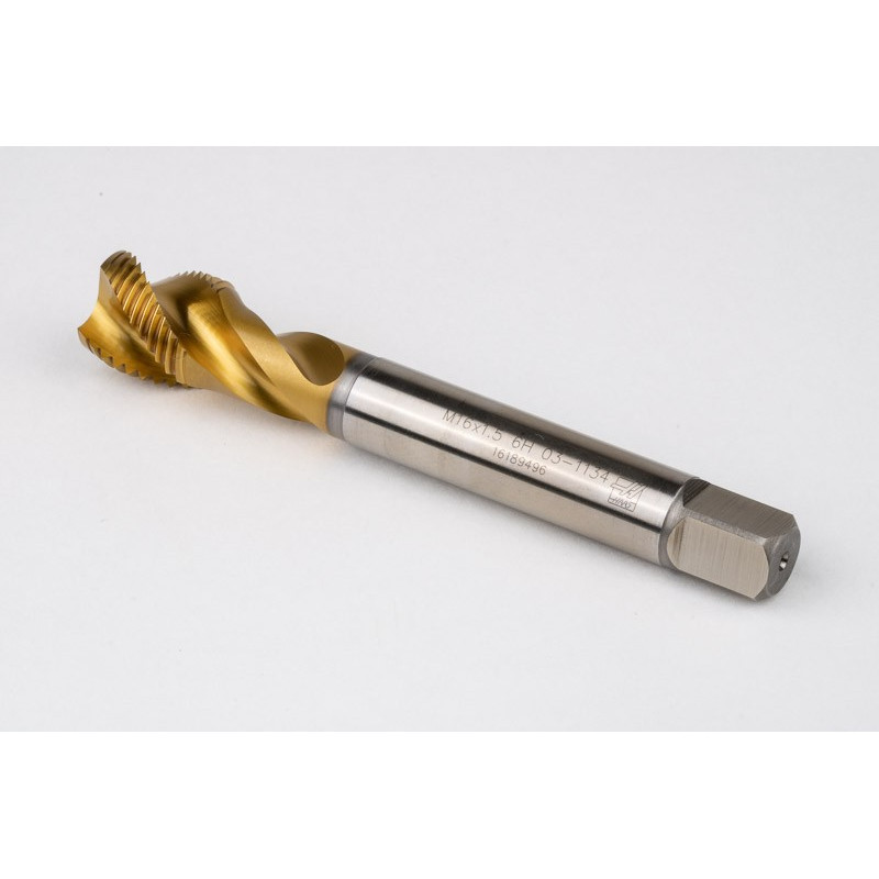 M16x1.5 MF HSS-E Spiral Flute Tap, 12mm Shank x 15mm Thread Length, 2.5XD, Mod. Bottoming, 3 Flute, 6H, TiN Coated