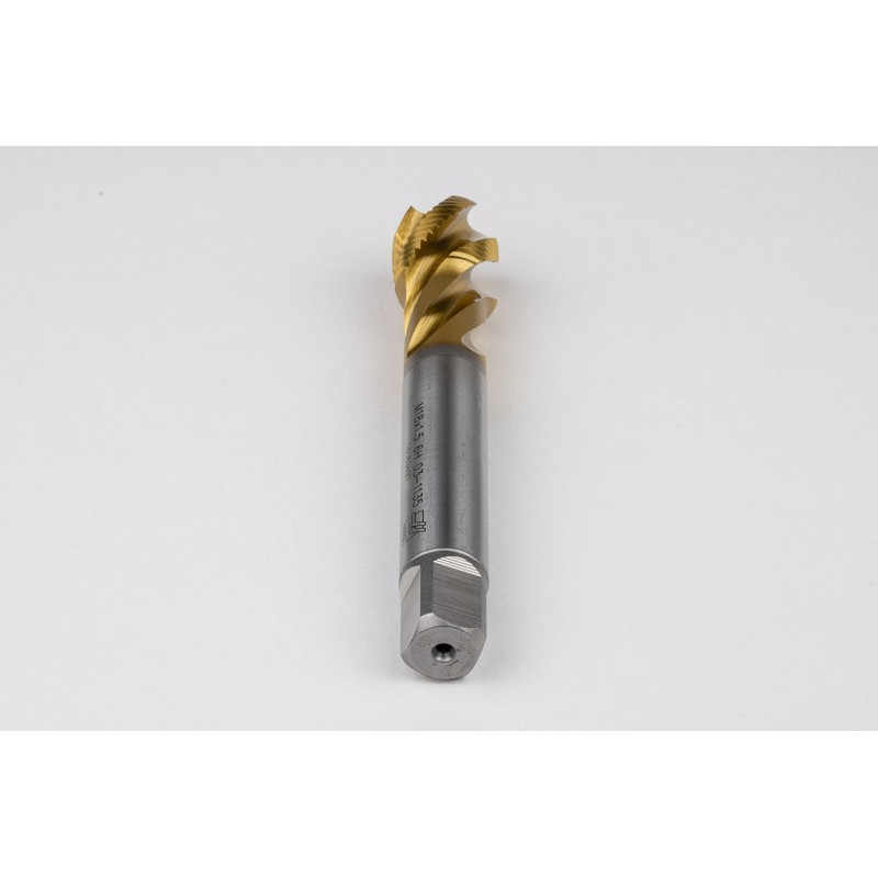 M18x1.5 MF HSS-E Spiral Flute Tap, 14mm Shank x 17mm Thread Length, 2.5XD, Mod. Bottoming, 4 Flute, 6H, TiN Coated