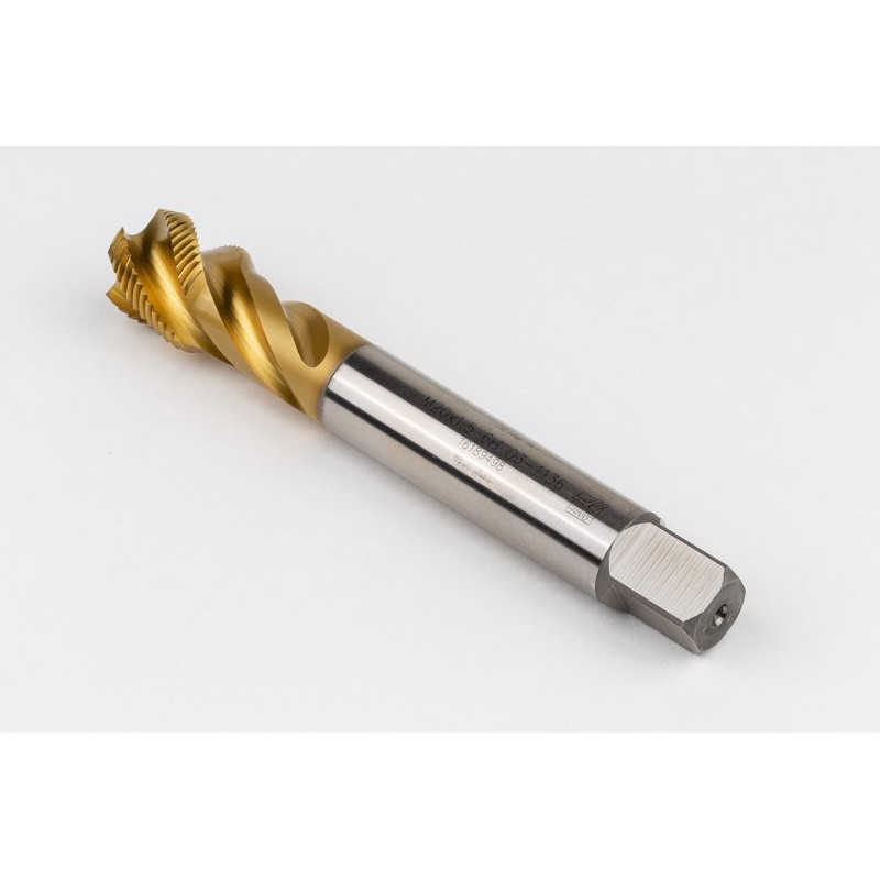M20x1.5 MF HSS-E Spiral Flute Tap, 16mm Shank x 17mm Thread Length, 2.5XD, Mod. Bottoming, 4 Flute, 6H, TiN Coated