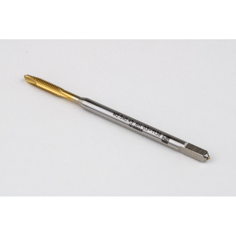 M2.5x0.45 M HSS-E Spiral Point Tap, 2.8mm Shank x 9mm Thread Length, 3XD, Plug, 3 Flute, 6H, TiN Coated