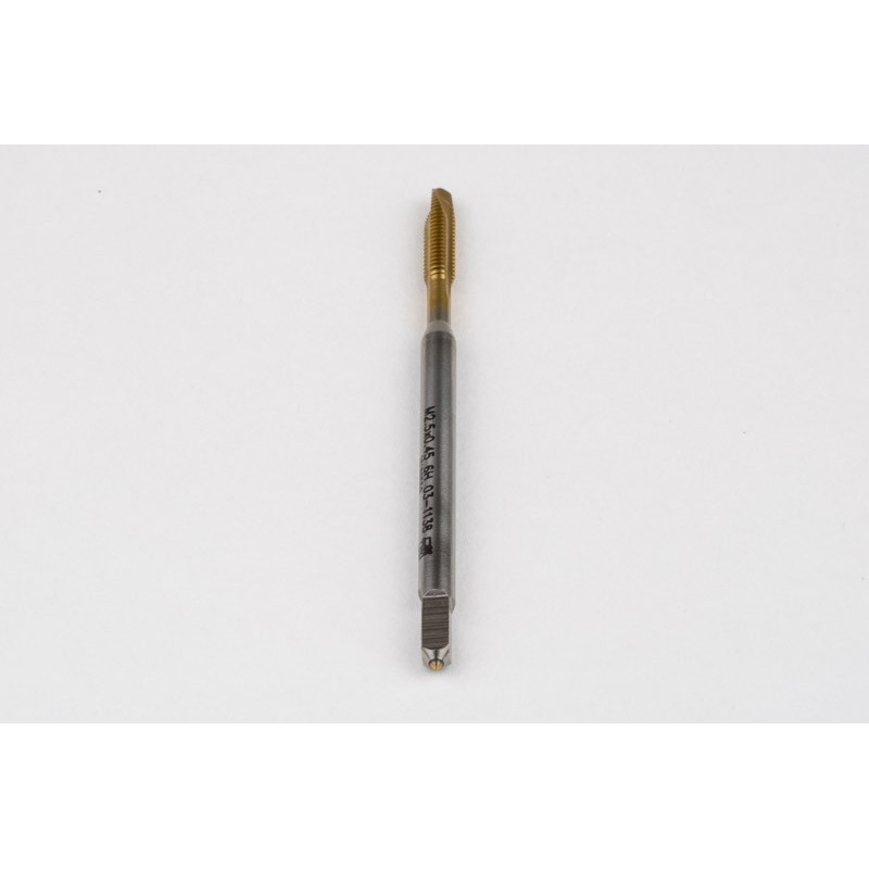 M2.5x0.45 M HSS-E Spiral Point Tap, 2.8mm Shank x 9mm Thread Length, 3XD, Plug, 3 Flute, 6H, TiN Coated