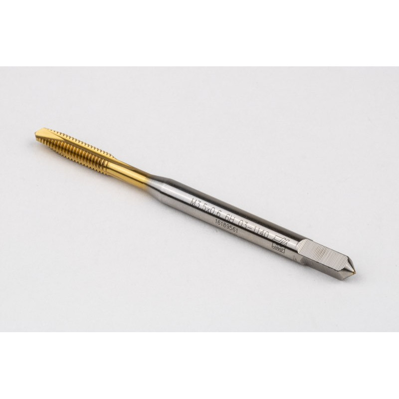 M3.5x0.6 M HSS-E Spiral Point Tap, 4mm Shank x 12mm Thread Length, 3XD, Plug, 3 Flute, 6H, TiN Coated