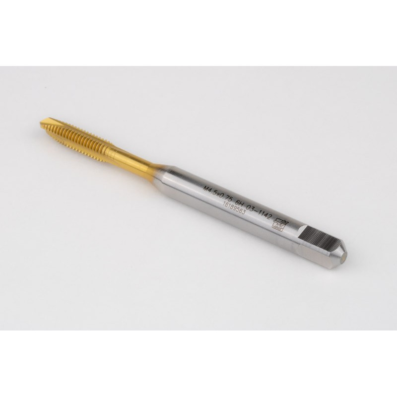 M4.5x0.75 M HSS-E Spiral Point Tap, 6mm Shank x 14mm Thread Length, 3XD, Plug, 3 Flute, 6H, TiN Coated