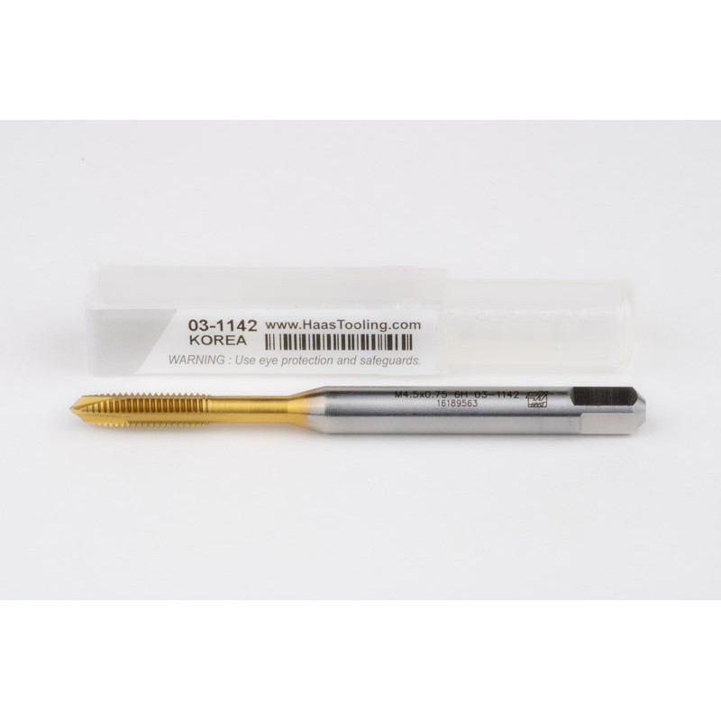M4.5x0.75 M HSS-E Spiral Point Tap, 6mm Shank x 14mm Thread Length, 3XD, Plug, 3 Flute, 6H, TiN Coated