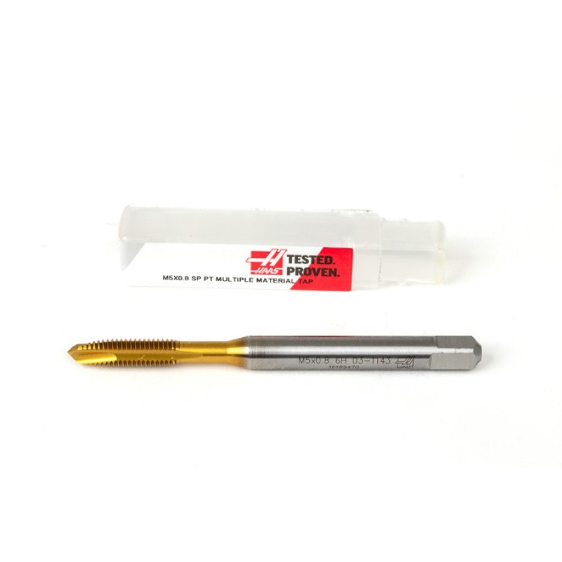 M5x0.8 M HSS-E Spiral Point Tap, 6mm Shank x 15mm Thread Length, 3XD, Plug, 3 Flute, 6H, TiN Coated