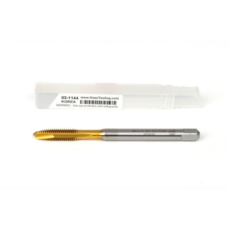 M6x1.0 M HSS-E Spiral Point Tap, 6mm Shank x 17mm Thread Length, 3XD, Plug, 3 Flute, 6H, TiN Coated