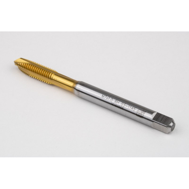M7x1.0 M HSS-E Spiral Point Tap, 7mm Shank x 17mm Thread Length, 3XD, Plug, 3 Flute, 6H, TiN Coated