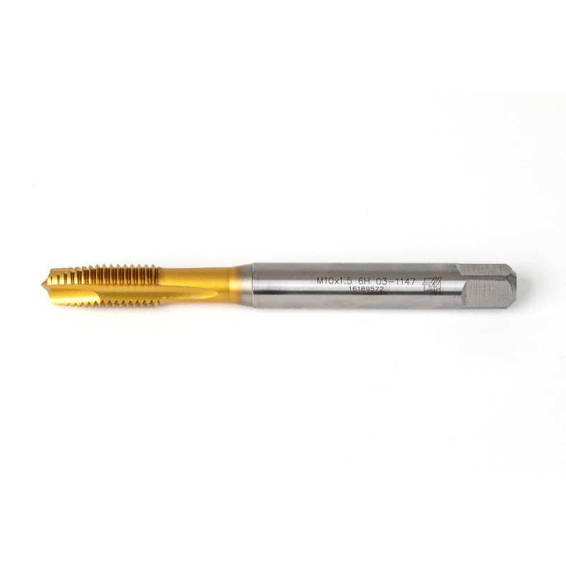 M10x1.5 M HSS-E Spiral Point Tap, 10mm Shank x 22mm Thread Length, 3XD, Plug, 3 Flute, 6H, TiN Coated
