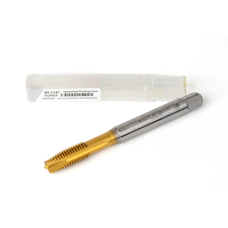 M10x1.5 M HSS-E Spiral Point Tap, 10mm Shank x 22mm Thread Length, 3XD, Plug, 3 Flute, 6H, TiN Coated