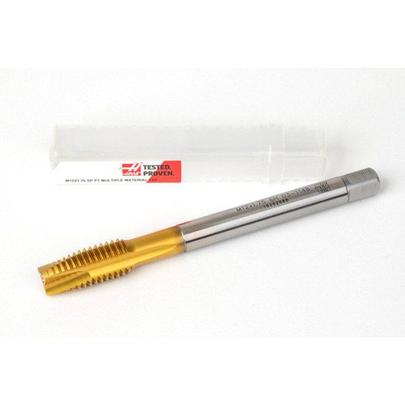 M12x1.75 M HSS-E Spiral Point Tap, 9mm Shank x 24mm Thread Length, 3XD, Plug, 3 Flute, 6H, TiN Coated