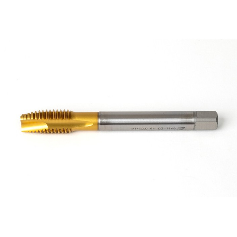 M14x2.0 M HSS-E Spiral Point Tap, 11mm Shank x 26mm Thread Length, 3XD, Plug, 3 Flute, 6H, TiN Coated