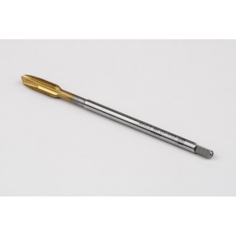 M4x0.5 MF HSS-E Spiral Point Tap, 2.8mm Shank x 10mm Thread Length, 3XD, Plug, 3 Flute, 6H, TiN Coated