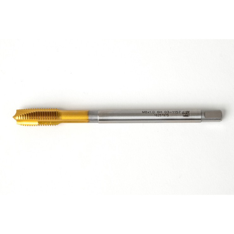 M8x1.0 MF HSS-E Spiral Point Tap, 6mm Shank x 17mm Thread Length, 3XD, Plug, 3 Flute, 6H, TiN Coated