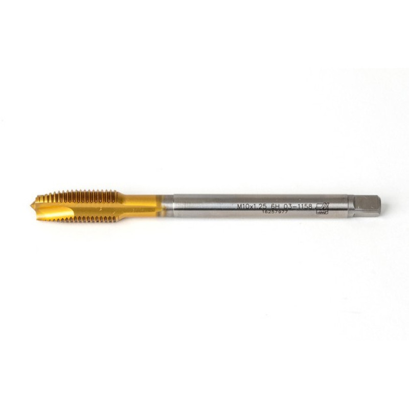 M10x1.25 MF HSS-E Spiral Point Tap, 7mm Shank x 22mm Thread Length, 3XD, Plug, 3 Flute, 6H, TiN Coated