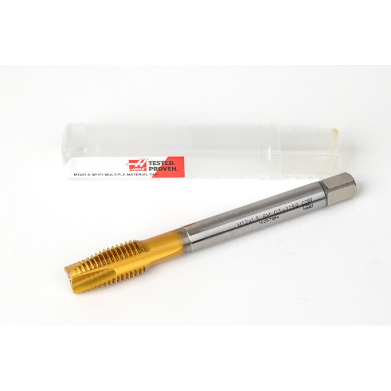 M12x1.5 MF HSS-E Spiral Point Tap, 9mm Shank x 22mm Thread Length, 3XD, Plug, 3 Flute, 6H, TiN Coated