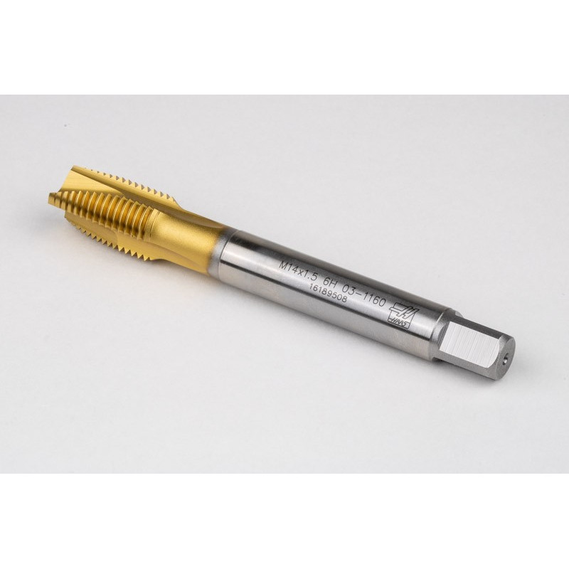 M14x1.5 MF HSS-E Spiral Point Tap, 11mm Shank x 22mm Thread Length, 3XD, Plug, 3 Flute, 6H, TiN Coated