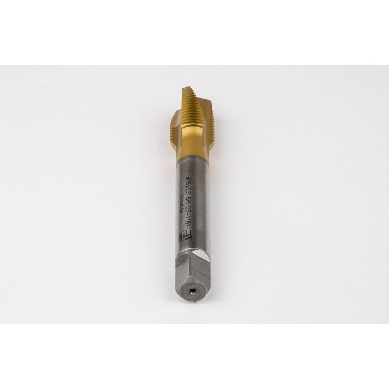 M16x1.5 MF HSS-E Spiral Point Tap, 12mm Shank x 22mm Thread Length, 3XD, Plug, 3 Flute, 6H, TiN Coated