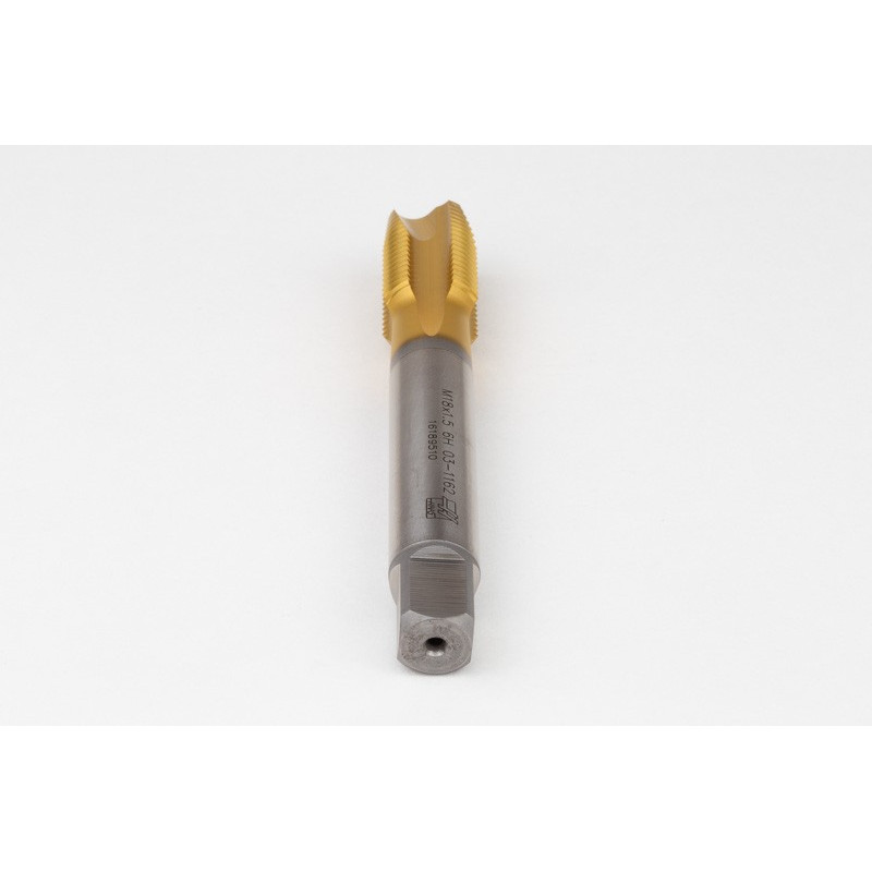 M18x1.5 MF HSS-E Spiral Point Tap, 14mm Shank x 25mm Thread Length, 3XD, Plug, 4 Flute, 6H, TiN Coated