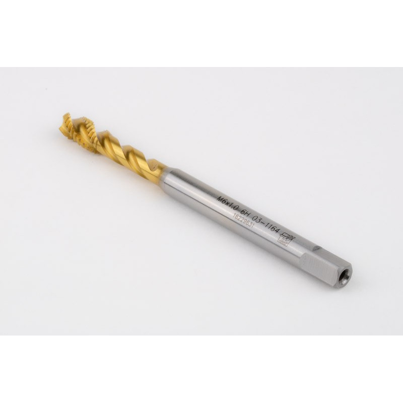 M6x1.0 M HSS-E Spiral Flute Tap, 6mm Shank x 10mm Thread Length, 2.5XD, Mod. Bottoming, 3 Flute, 6H, TiN Coated