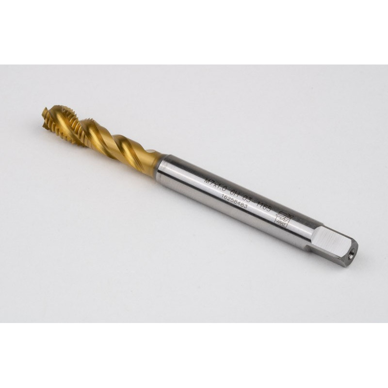 M7x1.0 M HSS-E Spiral Flute Tap, 7mm Shank x 10mm Thread Length, 2.5XD, Mod. Bottoming, 3 Flute, 6H, TiN Coated